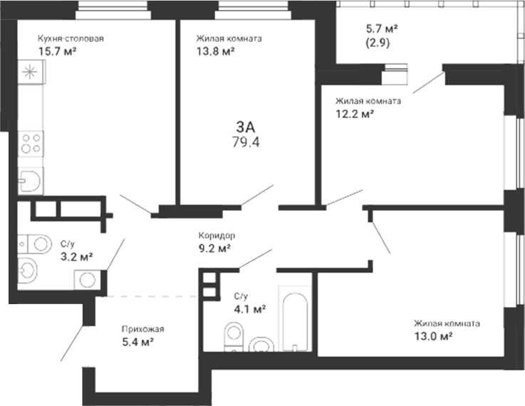 Планировка 4Е-к.кв, 79,4 м² в ЖК Южный сад